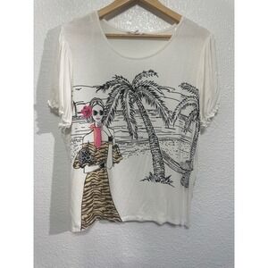 Love & Lace Womens XL White Tropical Beach Graphic Puff Sleeve Rhinestone Top